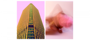 Two images side by side, one of a building as seen from below and the other of a body in motion