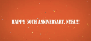 Image: Orange background with confetti imagery and text that reads: "Happy 50th Anniversary, NYFA!!!"