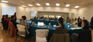 Image: Fisheye lens view of a professional development workshop at Arts Mid-Hudson; participants are seated at tables with paperwork and laptops as an individual stands at the front of a room with a presentation screen behind them