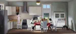 Image: Painting by Amy Bennett, with morning light illuminating a breakfast table where a family hunches over their cereal bowls partitioned by cereal boxes. A young girl is standing on a chair pursuing the options of a cupboard.