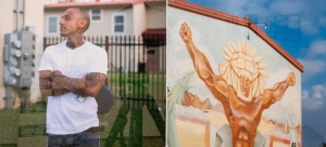 Image: Detail of a photo diptych by Francisco Cortés; one half is a portrait of an individual wearing a white tee-shirt, arms and neck exposed with tattoos; the other is a photo of a god-like figure who has been painted on the side of a brick building, arms raised triumphantly.