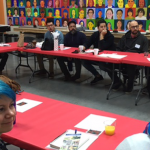 Participants in the 2018 Immigrant Artist Mentoring Program: San Antonio, seated around connected rectangular tables in a vibrant gallery setting