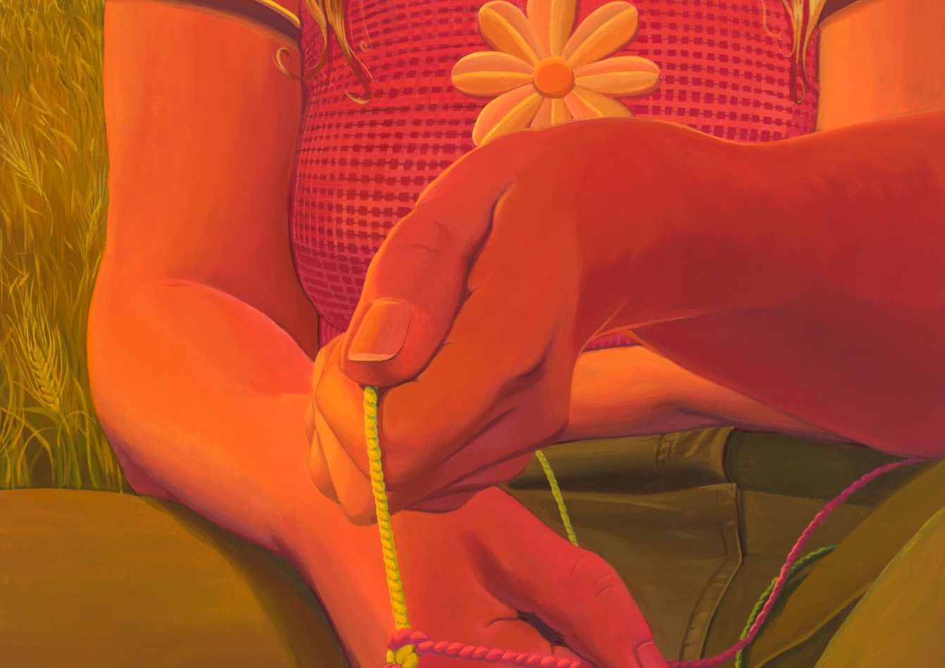 A painting of a child sitting in the grass while making a friendship bracelet, and holding the bracelet in between their toes for support.