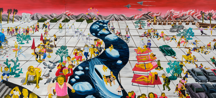 A river winds through the center of a painting, mountains on fire in the background and people and cars throughout