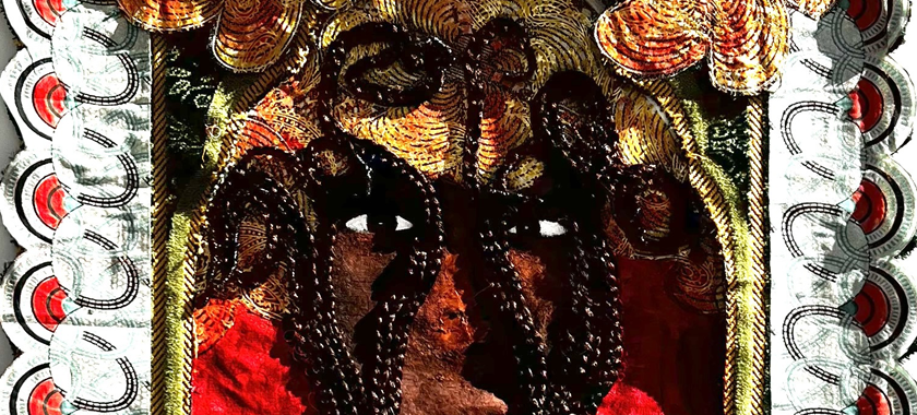 Detail of an intricate artwork by Ghislaine Sabati, a portrait with two eyes looking out to the viewer in the center