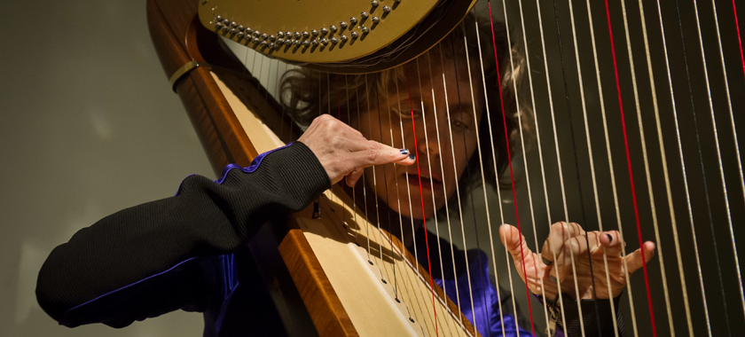 A woman wearing a black and blue top is playing harp with red, white, and black strings