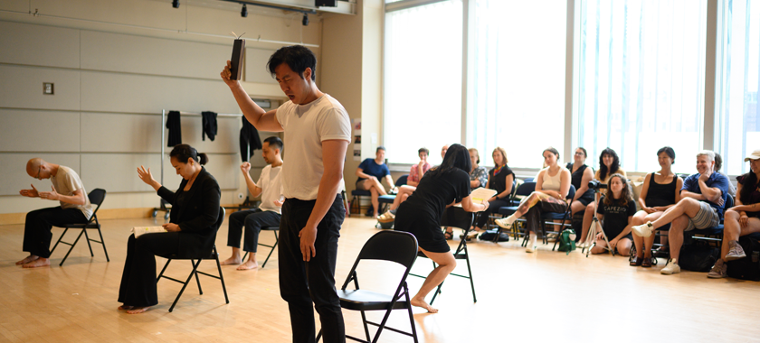 Scene from GUT(굿) at the BAM Artist in Residency sharing, August. 2024. Actor in focus: Jae Woo, playing a Korean pastor