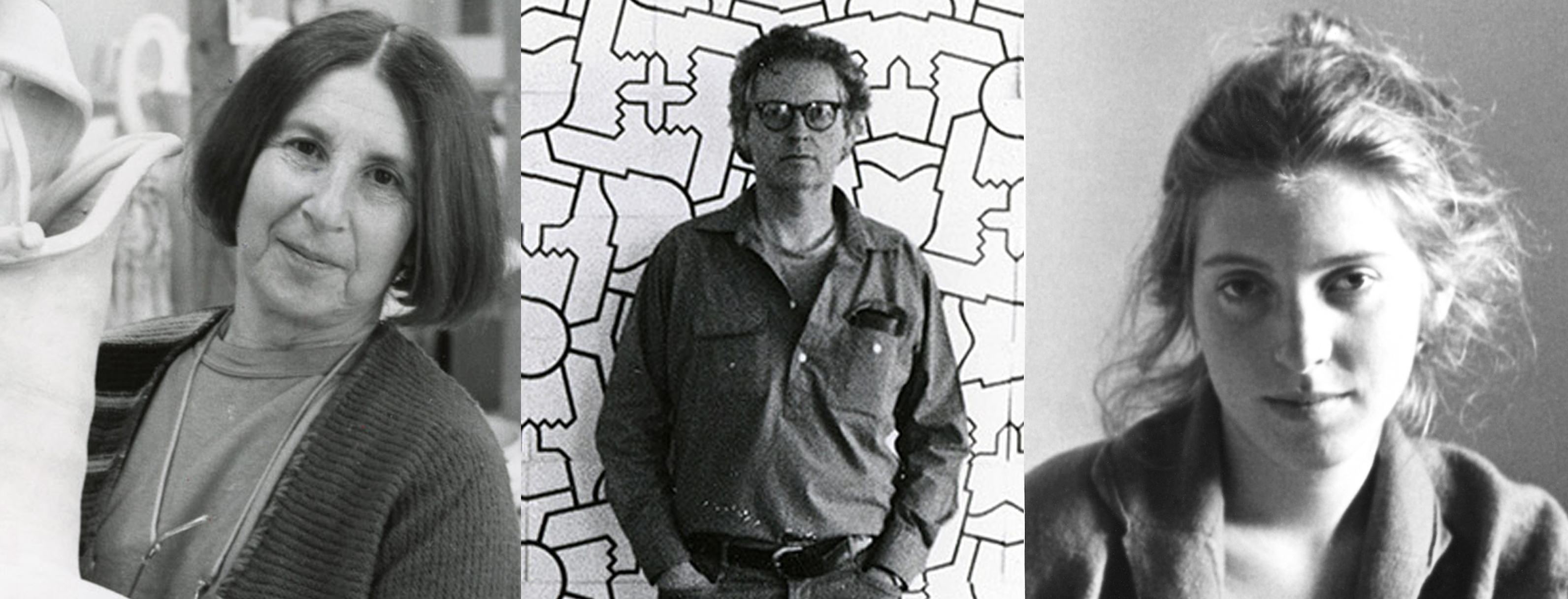 Image Composite of black and white portraits of Betty Woodman, George Woodman, and Francesca Woodman