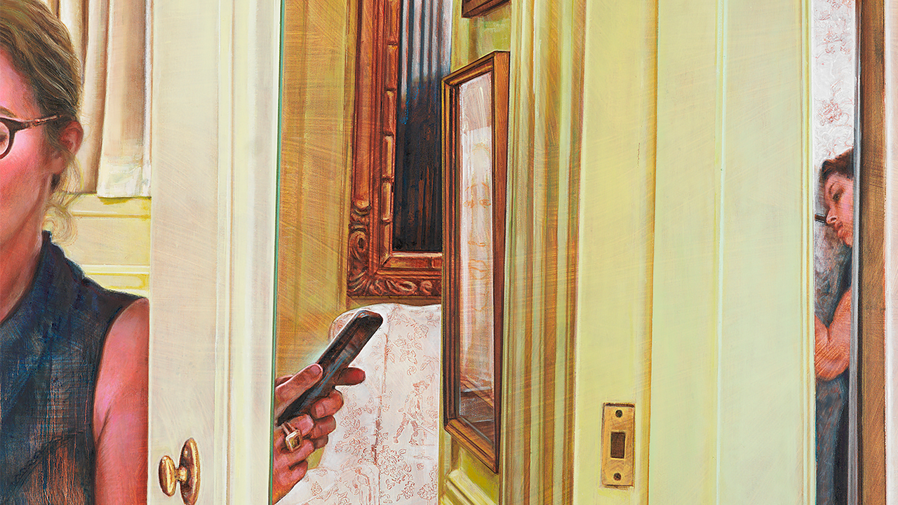 Alt Text: Painted mostly in cool acid green, pea green, and earthy orange, the painting’s composition constitutes a series of skinny vertical stripes. Each band depicts a fractured reflection from a tall mirror mounted on a bathroom door, and into or out of, a picture frame which hangs in a fancy parlor room. The upward compositional divisions each reveal highly cropped sections of the two rooms and of the anatomy of two women, perhaps a mother and daughter. One, or each of them, apparently unseen by the other, aims to take a photo of the other on their smart phones.