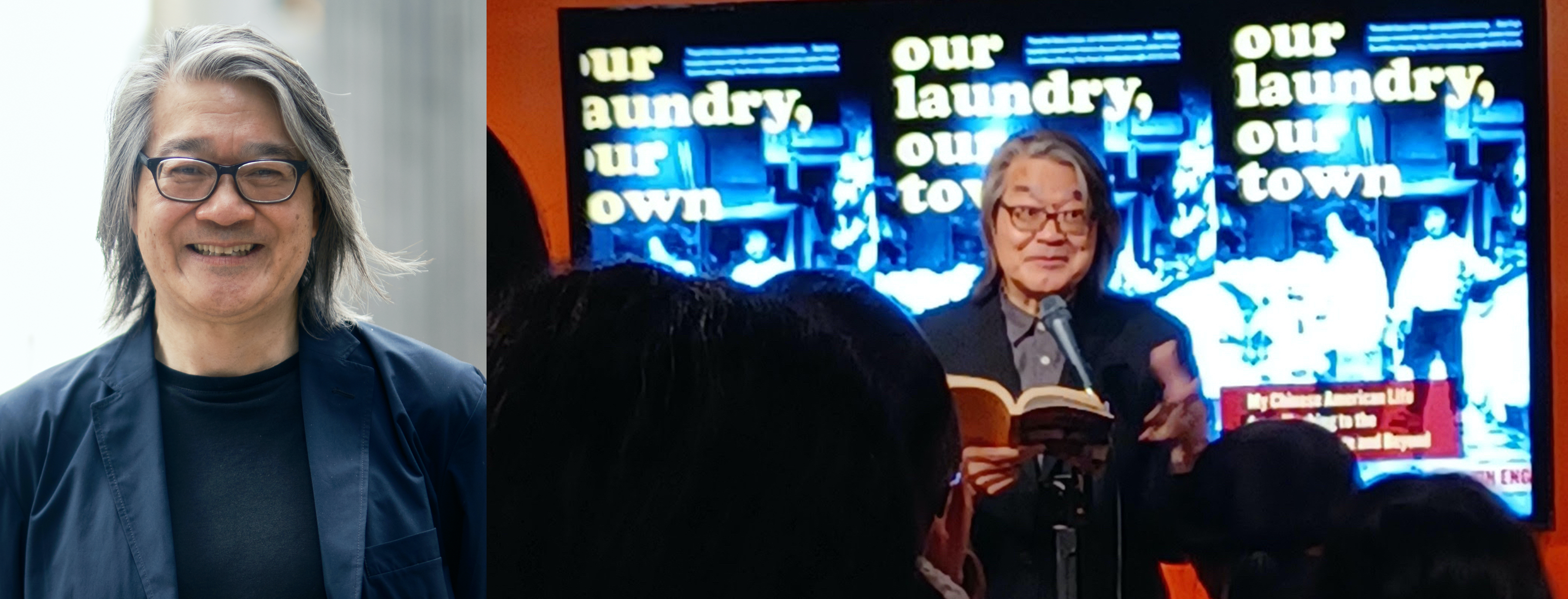 Alvin Eng portrait and another photo of Alvin Eng reading from his book "OUR LAUNDRY, OUR TOWN: My Chinese American Life from Flushing to the Downtown Stage and Beyond"