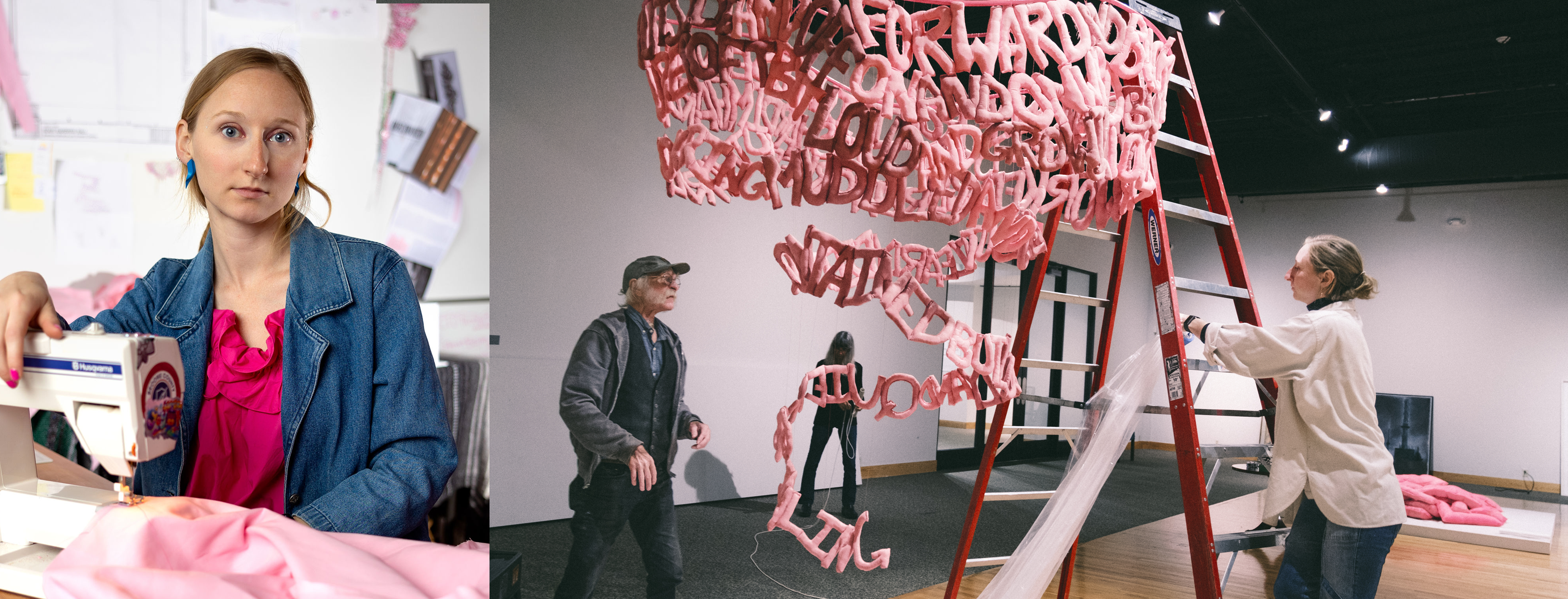 Anna Warfield in studio and Anna Warfield installing her work at Roberson Museum