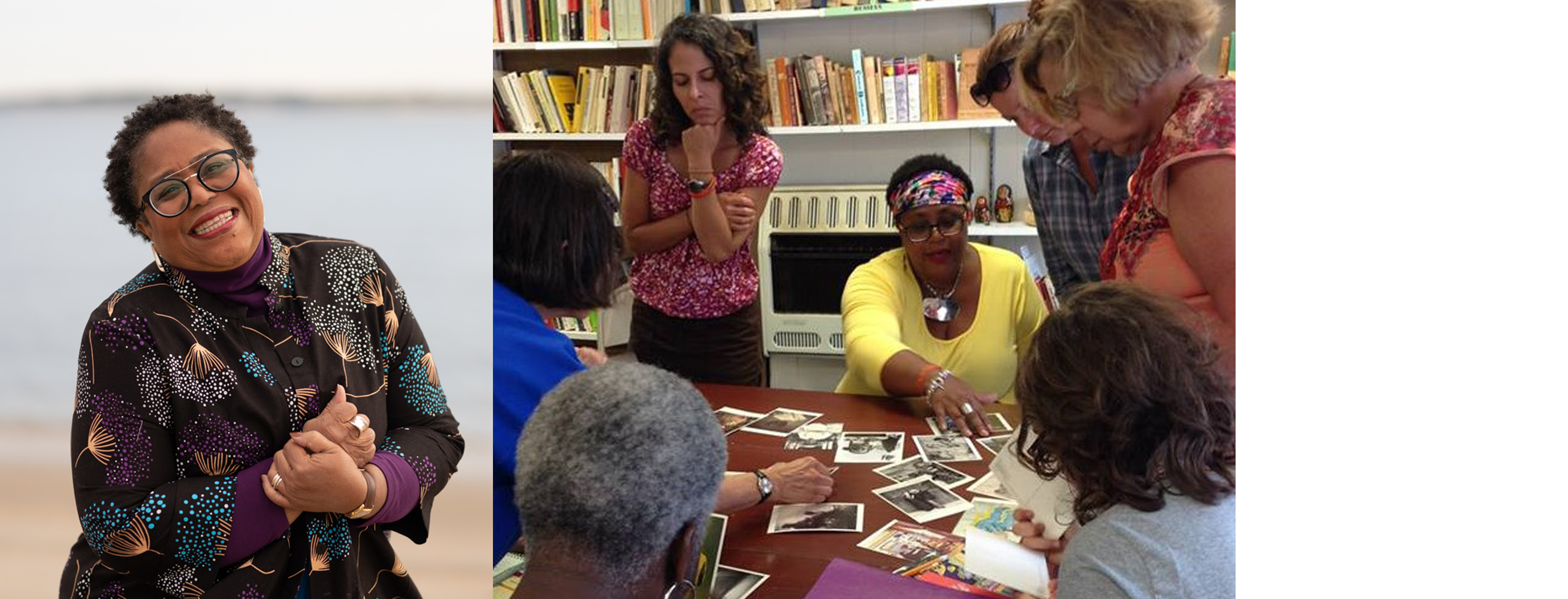 Dahlma Llanos-Figueroa portrait and an image of Dahlma Llanos-Figueroa teaching a creative writing workshop