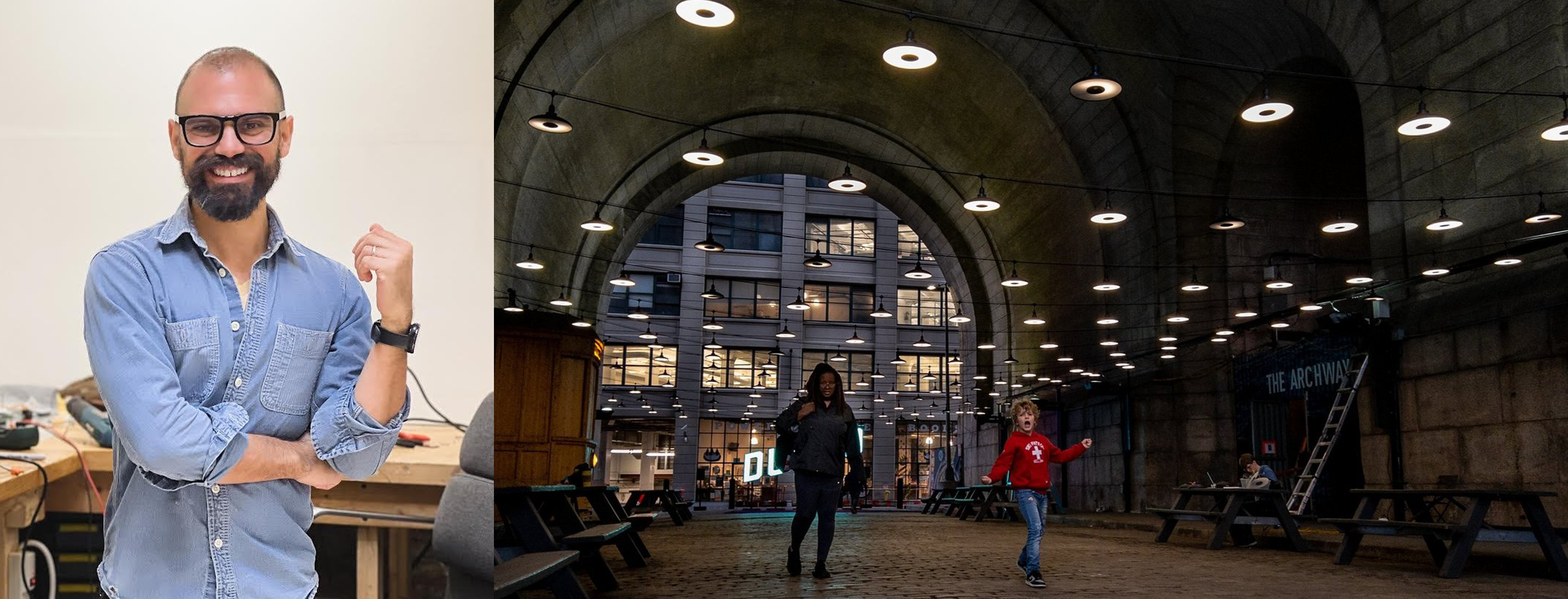 Joseph Morris portrait and an image of one of Joseph Morris's site-specific sound and light installations