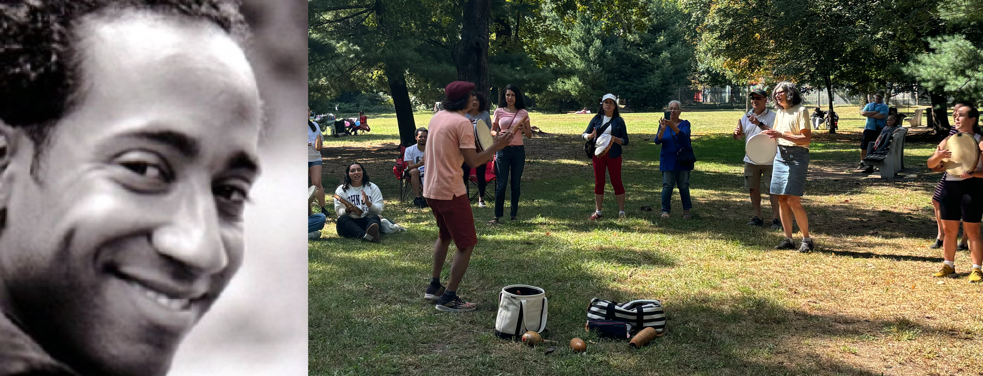 Juan M. Usera-Falcon headshot and Juan M. Usera-Falco leading Caribeando, an interactive community workshop at Van Cortlandt Park