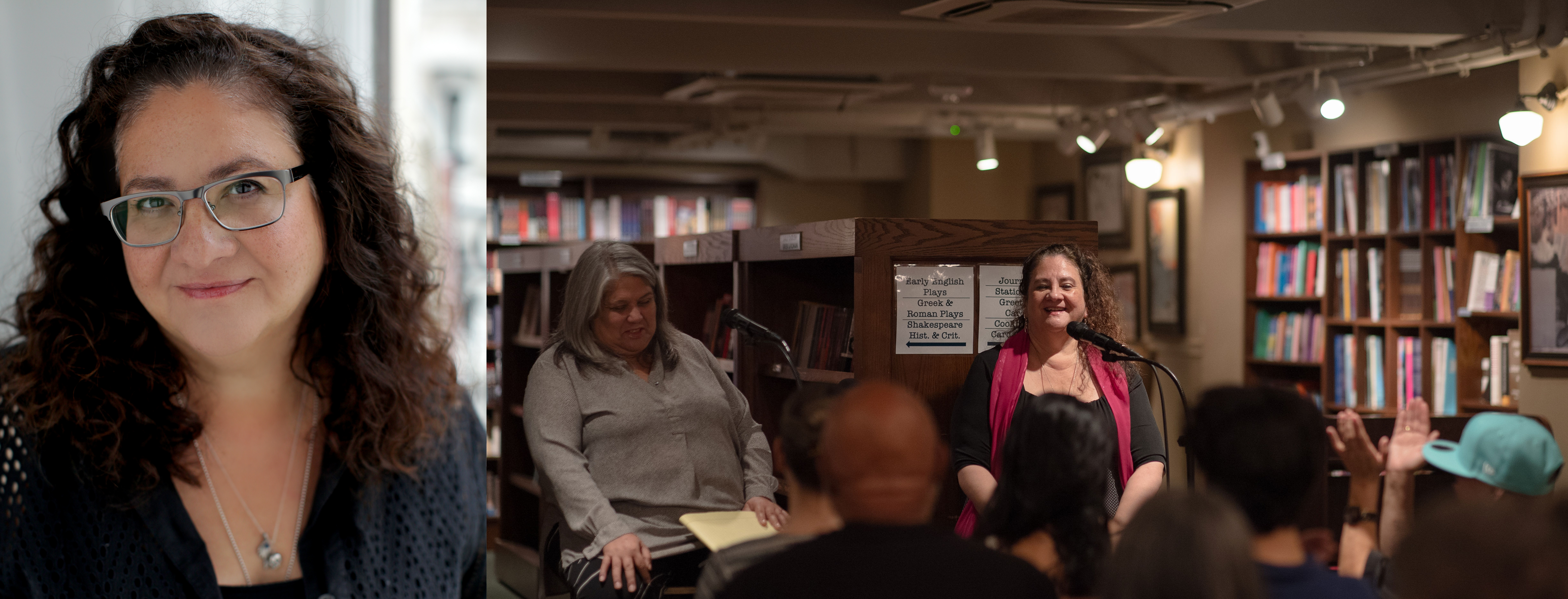 Migdalia Cruz and a photo of Migdalia Cruz at a book launch event at a bookstore