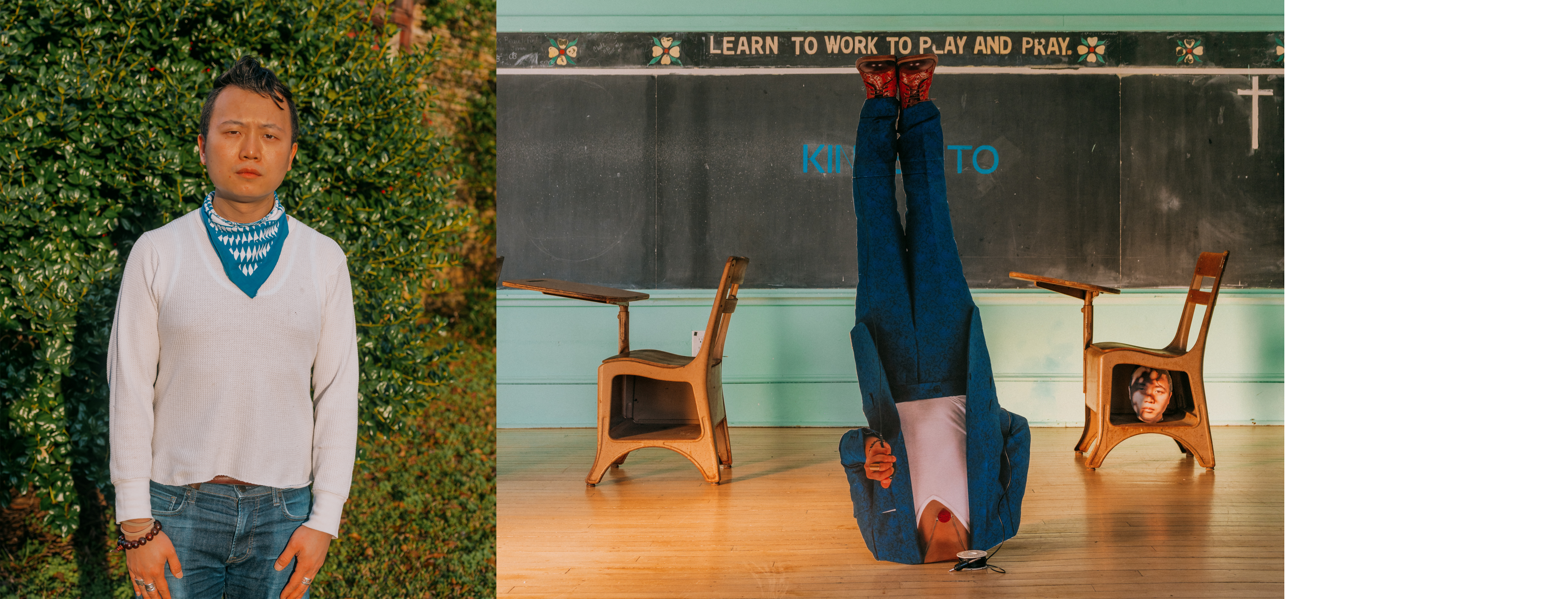 Tommy Kha portrait next to a photograph by Tommy Kha of an individual upside down in a classroom setting, head beneath the floor